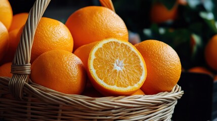 Wall Mural - A close-up of ripe, juicy oranges (Citrus sinensis) in a market basket, perfect for a refreshing snack