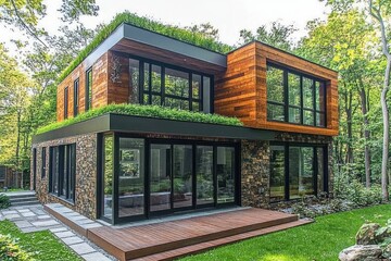 Wall Mural - Modern eco-friendly house with green roof and large windows.