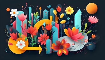 Dynamic abstract illustration of creative processes featuring arrows, flowers, and shapes reflecting interactions in a vibrant, stylized design.