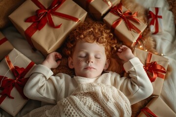 Wall Mural - Close-up of dreaming boy's gentle face peaceful and angelic. Comfort and repose depicted calm expression of slumbering child. Slumber symbol of tranquility and untroubled imagination.