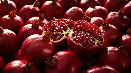 Wall Mural - A display of fresh, market-ready pomegranates (Punica granatum), bursting with vibrant color