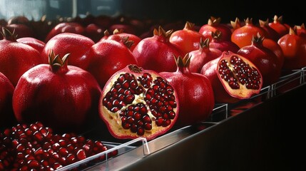 Wall Mural - A display of fresh, market-ready pomegranates (Punica granatum), bursting with vibrant color