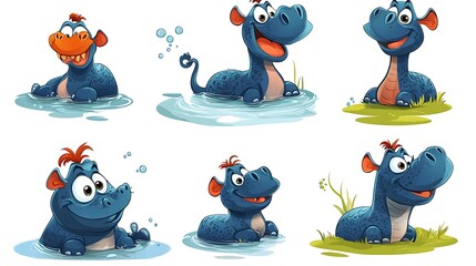 Wall Mural - A colorful set of cartoon hippos in playful swimming and lounging poses, great for river and zoo-themed designs. 