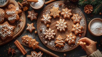 Frame of Chtistmas cooking - icing gingerbread cookies, top view 