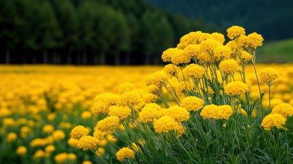 Canvas Print - Yellow Wildflowers in a Field with a Forest Background