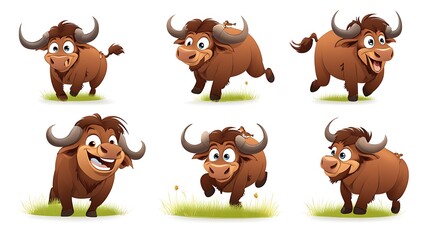 Wall Mural - A delightful set of cartoon buffaloes in grazing and running poses, ideal for prairie and wildlife-themed projects. 