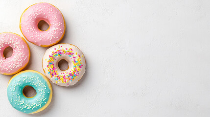 Assorted colorful donuts with sprinkles on light background. Sweet treats for dessert or snack time