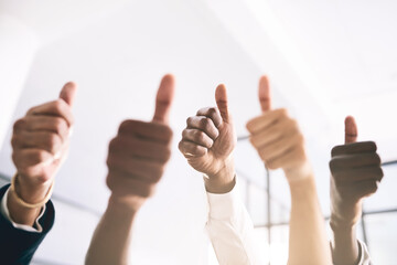 Poster - Group, thumbs up and business people closeup for success, support or celebration for goal in office. Teamwork, hands together and like gesture for feedback, excellence and thank you for cooperation