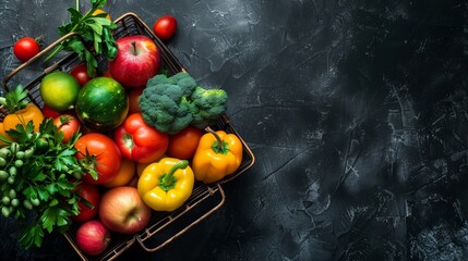 Fresh Organic Vegetables and Fruits in a Basket on Dark Rustic Background - Perfect for Healthy Eating and Nutrition Concepts