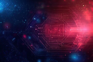 Poster - Vibrant abstract background featuring a dynamic blend of blue and red lights with digital patterns and glowing elements.