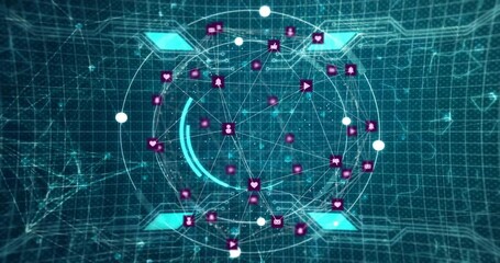 Poster - Animation of globe of connections with icons over data processing on blue background