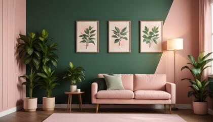 Photo modern style interior room 3d illustration Interior frame living room with colorful white sofa,led with blank frame