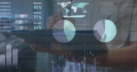 Poster - Animation of financial data processing over caucasian female doctor taking notes