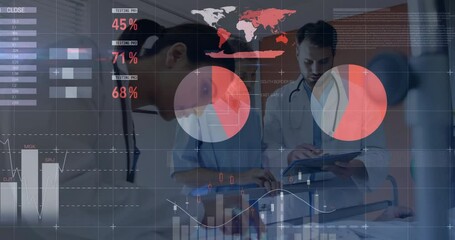 Sticker - Animation of financial data processing over diverse doctors working in hospital