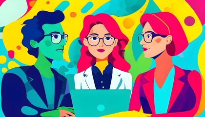 Dynamic silhouettes of individuals in a software development interview surrounded by vibrant colors and modern abstract shapes