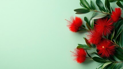 Wall Mural - Red Bottlebrush Flowers on a Green Background