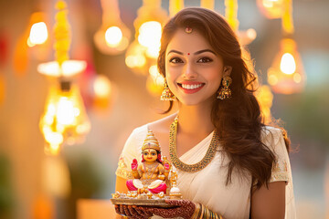 Canvas Print - young indian woman holding lord ganesha statue