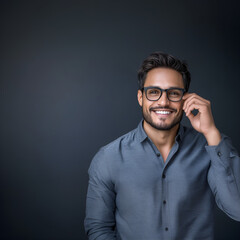 handsome brunette mature man in his 30s or 40s with glasses; guy correcting his glasses isolated on grey background; copy space