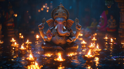 Sticker - Lord Ganesh statue surrounding diyas