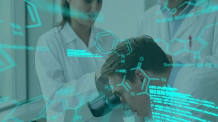 Poster - Animation of chemical formula and data processing over diverse scientists working in lab