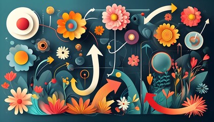 Dynamic abstract composition showcasing creative interactions with arrows, flowers, and diverse shapes in a vibrant design