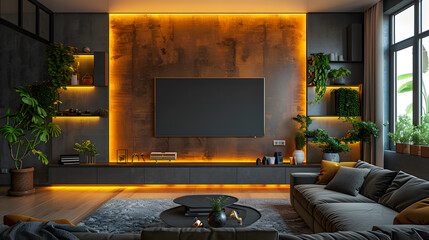 Wall Mural - Modern living room interior with sofa and large tv screen on the wall, led strips making ambient light