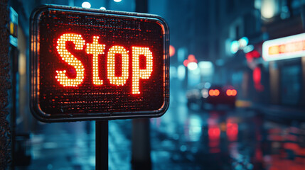 A vibrant stop sign illuminated in red, set against rainy urban backdrop, captures essence of bustling city at night. wet pavement reflects glowing lights, creating moody atmosphere