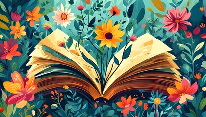 Wall Mural - Flourishing Wisdom: An Abstract Harmony of Open Book, Vibrant Flowers, and Natures Essence