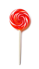 Wall Mural - Red and white striped lollipop on stick isolated on white background