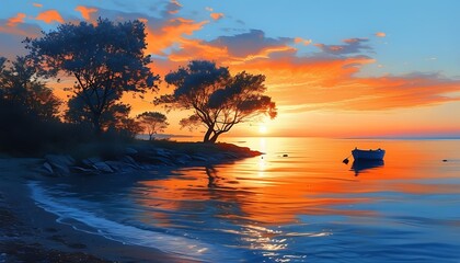 The seaside scenery under the sunset is intertwined with warm orange and blue, and the rippling boat accompanies the trees on the shore, showing the tranquility and beauty of nature.