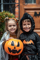 Portrait of cute smiling kids dressed in costumes for Halloween party. Trick or treat, adorable children wearing halloween costumes having fun at halloween night.