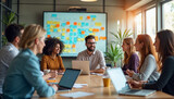 A diverse team brainstorms in a bright glass office, surrounded by vibrant post-its and natural light.







