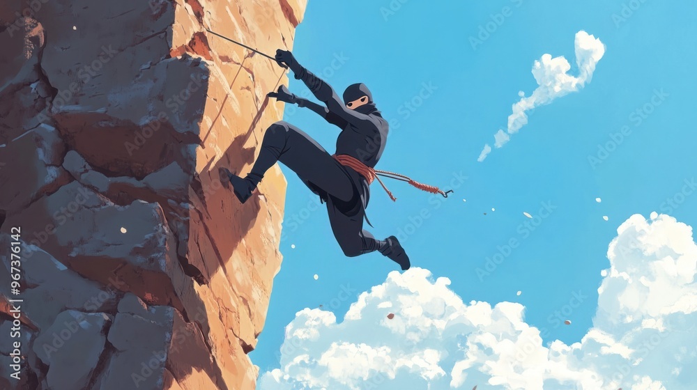 Ninja Ropes Course Cartoon A cartoon ninja scaling a steep cliff, using grappling hooks and ropes ...