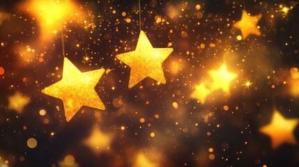 Poster - Magical sparkles and shimmering dust particles create a bokeh effect with a festive theme Yellow and golden stars illuminate a transparent background in a 2D cartoon style