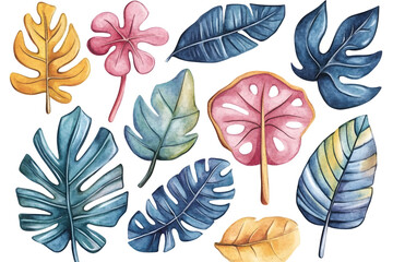 Poster - Set of tropical colorful hand drawn watercolor leaves isolated on white background