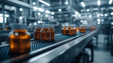 Poster - A futuristic factory filling and capping liquid soap bottles on a conveyor belt