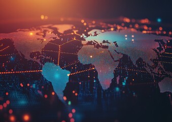 Poster - Global technology networking concept illustrated with a world map Digital data visualization featuring interconnected lines Big data communication represented in a 2D cartoon style