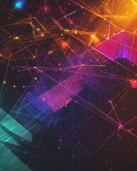 Poster - Vibrant 2D cartoon illustration of a mesh map featuring abstract lines triangles and glare spots on a dark background showcasing a spectrum effect Mesh and glare elements are layered distinctively