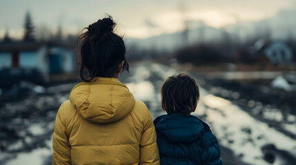 Canvas Print - Sad Mother And Child Looking The Flooded City