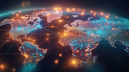 Poster - Global network connectivity concept illustrated through a 2D cartoon depiction of a world map featuring points and lines representing international business connections