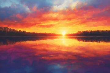Poster - Vibrant sunset over serene waters with reflections creating a peaceful atmosphere and inspiring calmness in nature