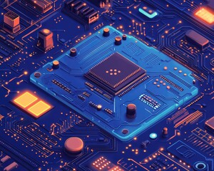Poster - Flat microelectronics circuits on a blue circuit board presented as a 2D cartoon style illustration background