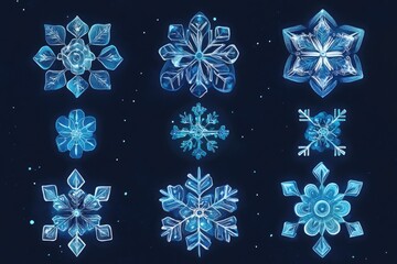 Poster - set of twelve 2d cartoon style snowflake illustrations