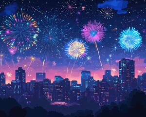 Poster - Colorful fireworks burst over a city skyline in a night sky presented in a 2D cartoon illustration style