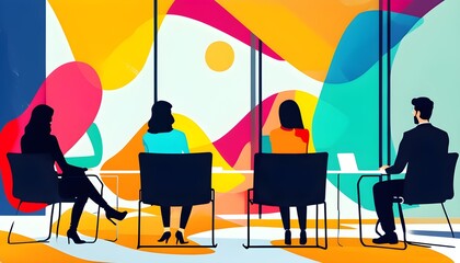 Dynamic silhouettes in vibrant colors engaged in a software development job interview against an abstract modern backdrop