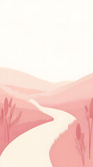 Wall Mural - Abstract illustration poster of pink mountains and grassland with sunset range with a soft, dreamy feel.
