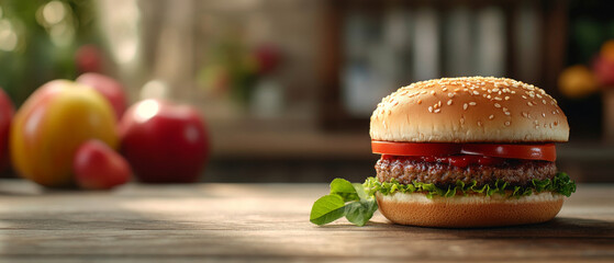 A delicious hamburger with fresh lettuce, tomato, and sesame seed bun sits on wooden table, surrounded by vibrant apples in background, evoking sense of indulgence and temptation