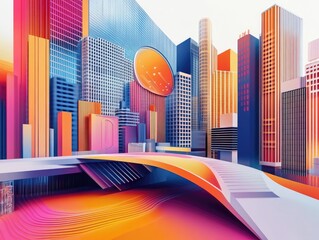 Poster - 3D linear illustration depicting modern architectural designs and urban structures set against an abstract background