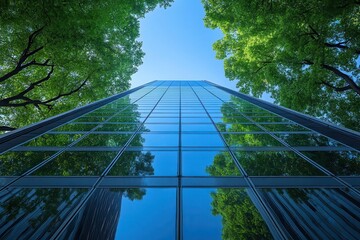 striking architectural photograph of a glass skyscraper facade reflecting lush green trees the juxtaposition of nature and modern architecture creates a harmonious urban composition