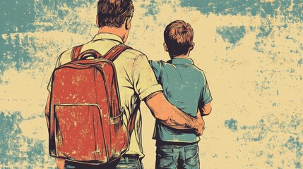 A father assists his son in putting on a backpack capturing the joy of preparing for school or kindergarten Parents show love and care for their children